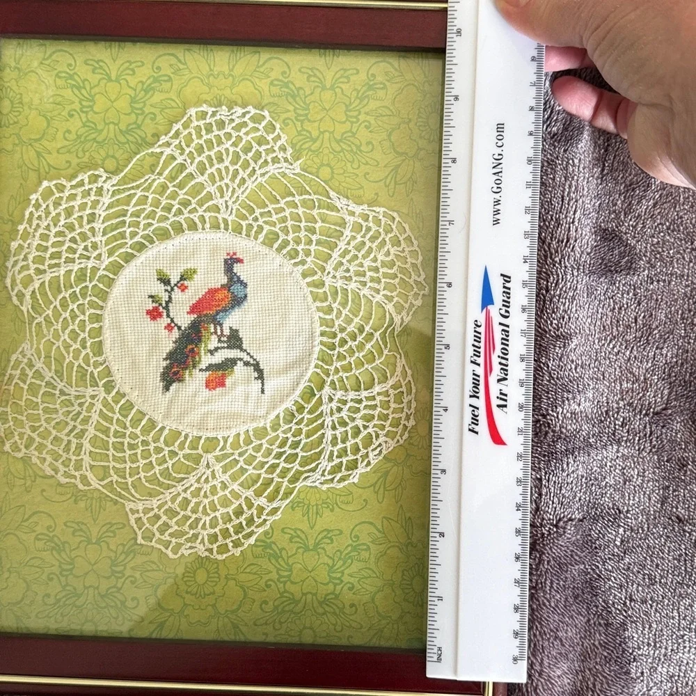 Framed Vintage Peacock Embroidery Art